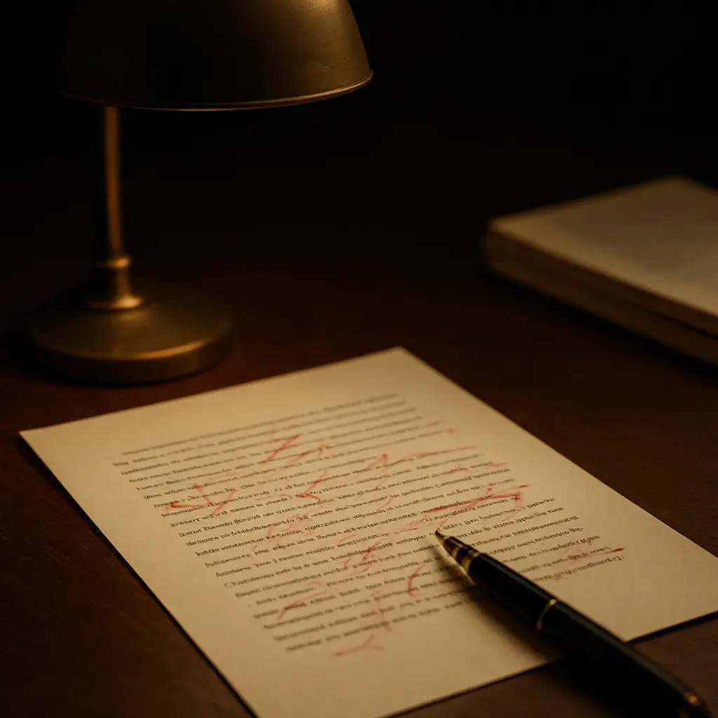 A proof under a desk lamp, mid-correction — the Liberec studio, not a stock office.