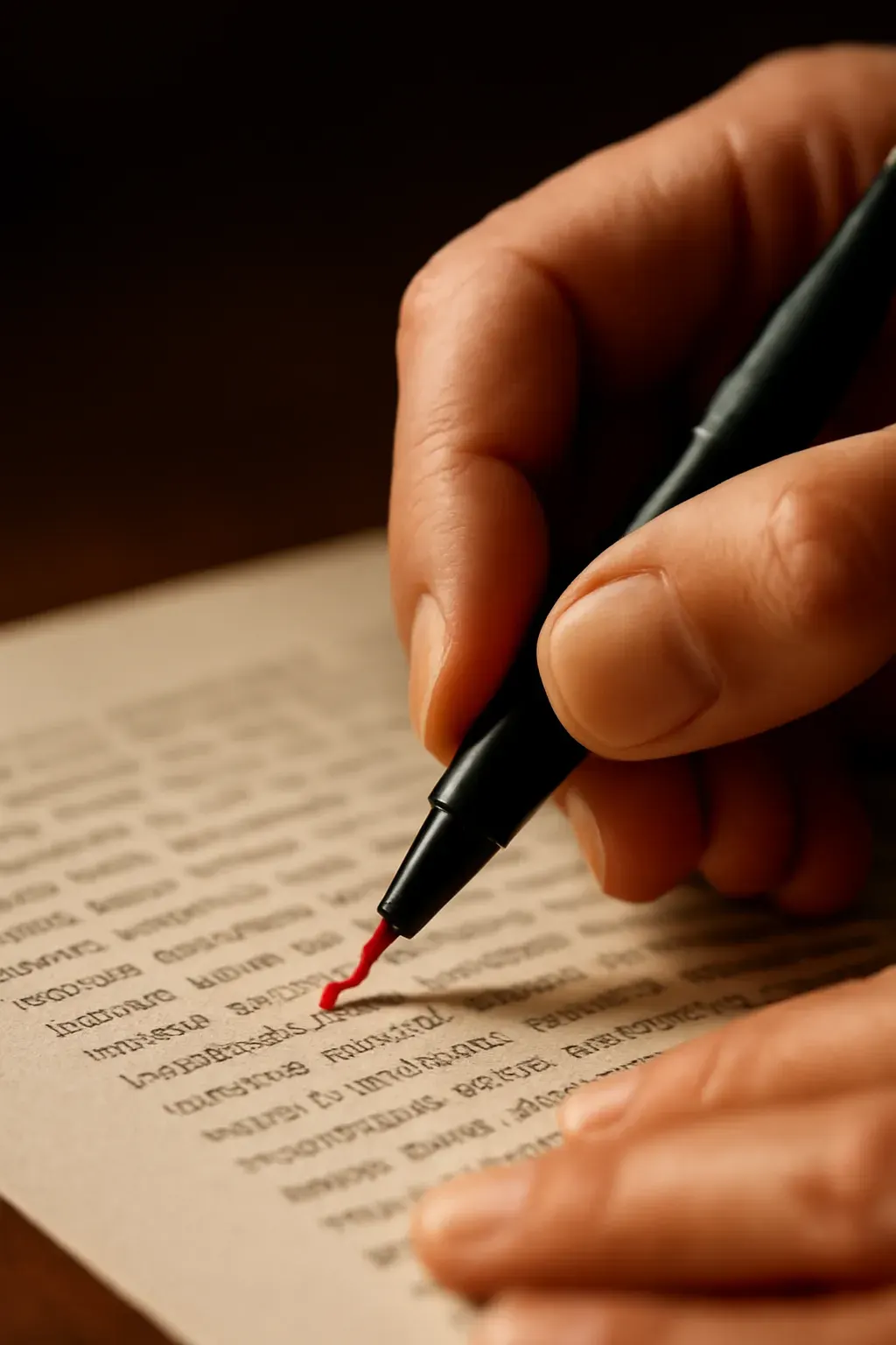 Mid-correction, red pen visible — the actual method, not a prop.