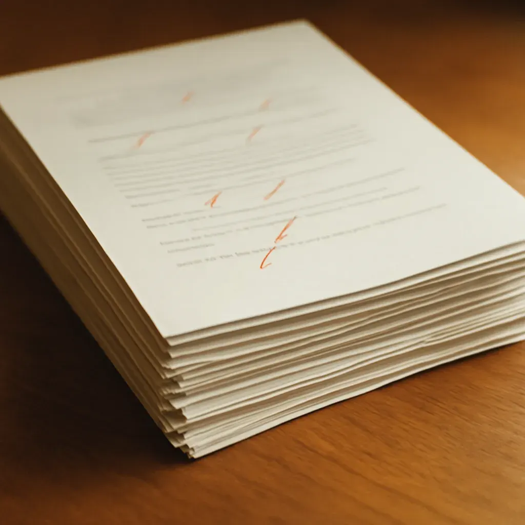A stack of finished, marked proof pages, ready to deliver.