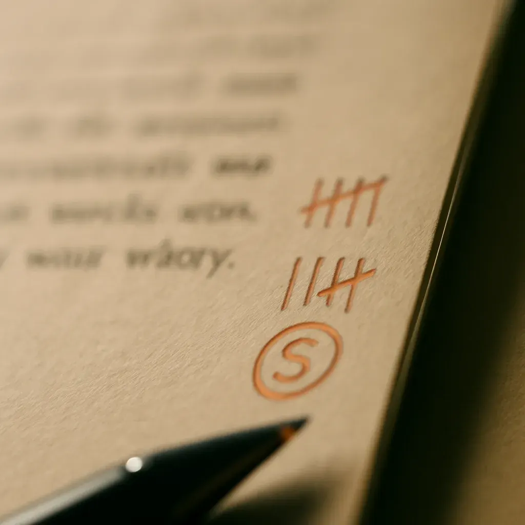 A proof sheet with a running red-pen tally in the margin.