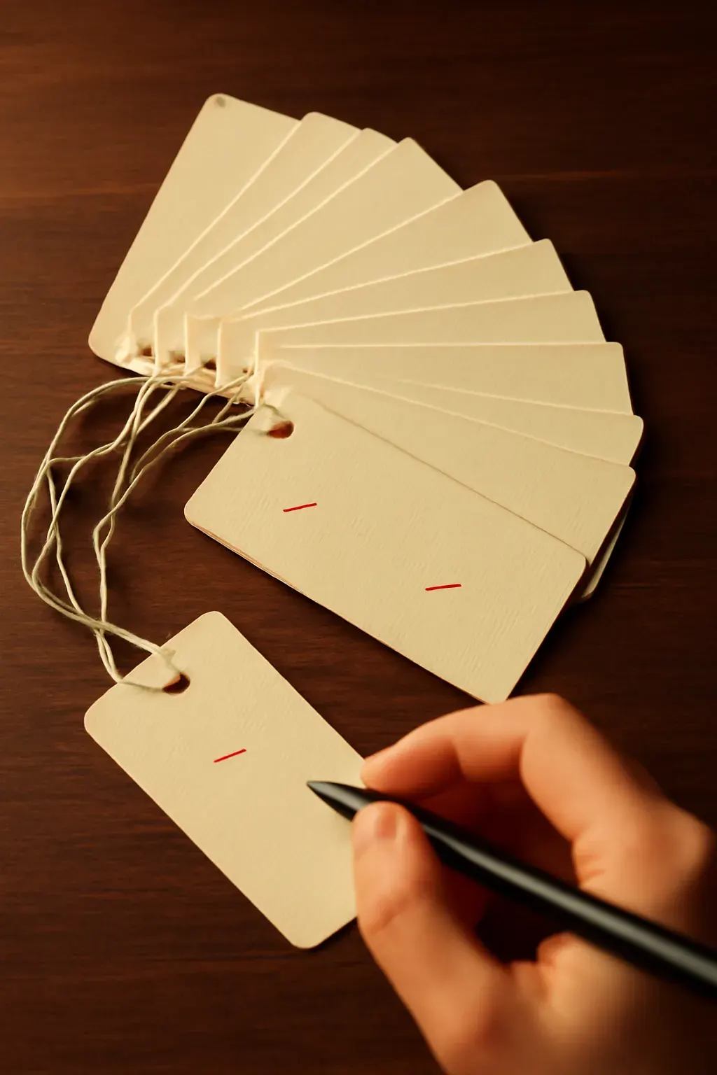 Catalogue cards fanned across a desk, product tags being annotated by hand.