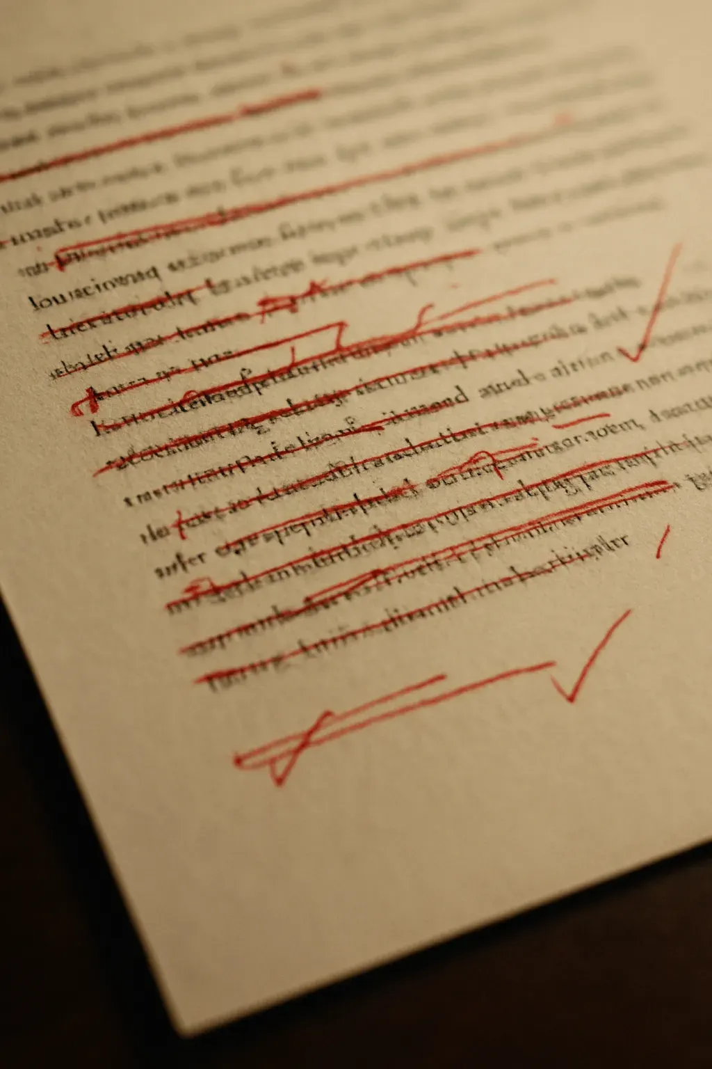 A printed article mid-edit, red-pen annotations over the draft — the actual proofing pass, not a stock photo of a keyboard.