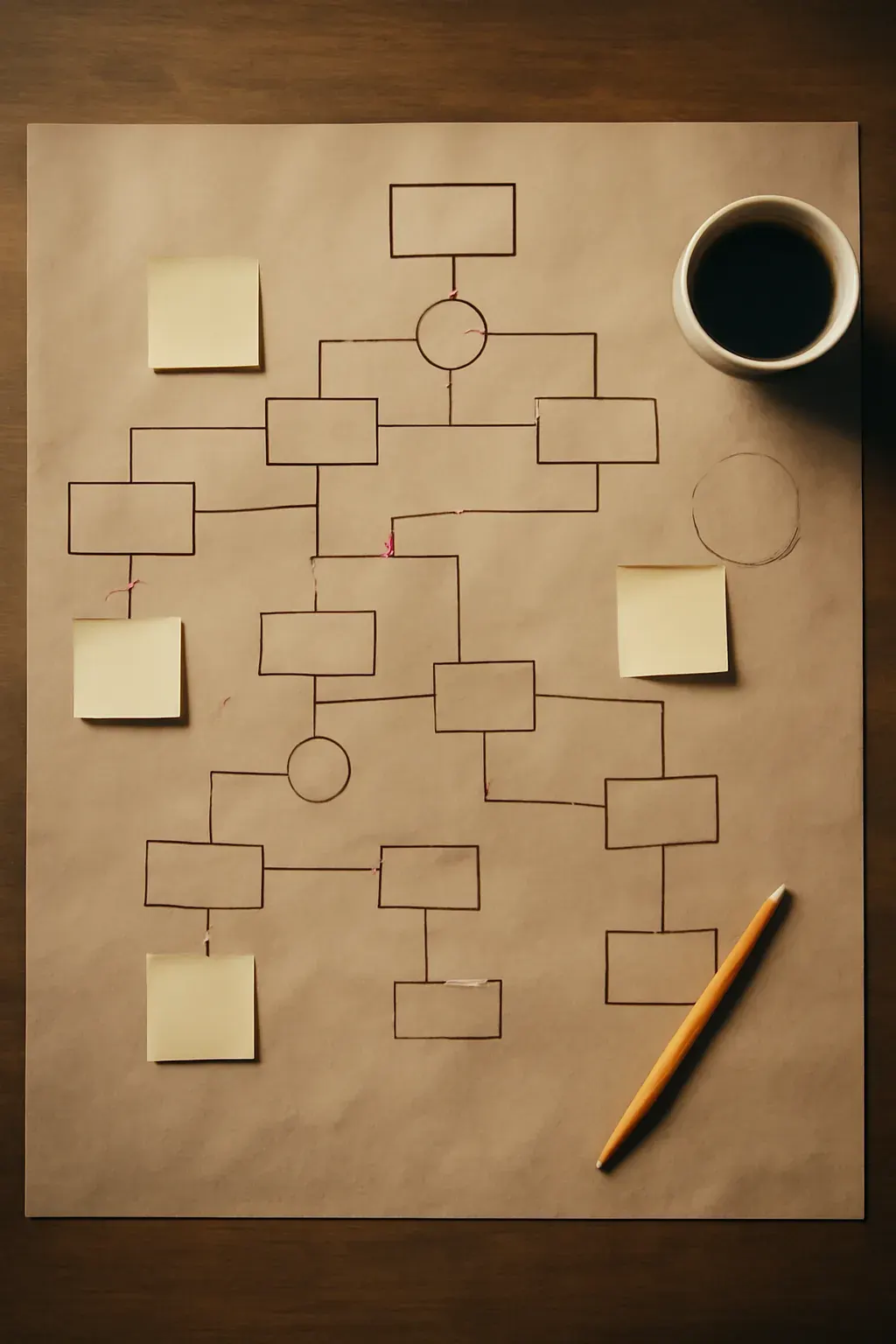 A keyword map sketched on paper, sticky notes marking priority — the actual planning desk, not a dashboard screenshot.