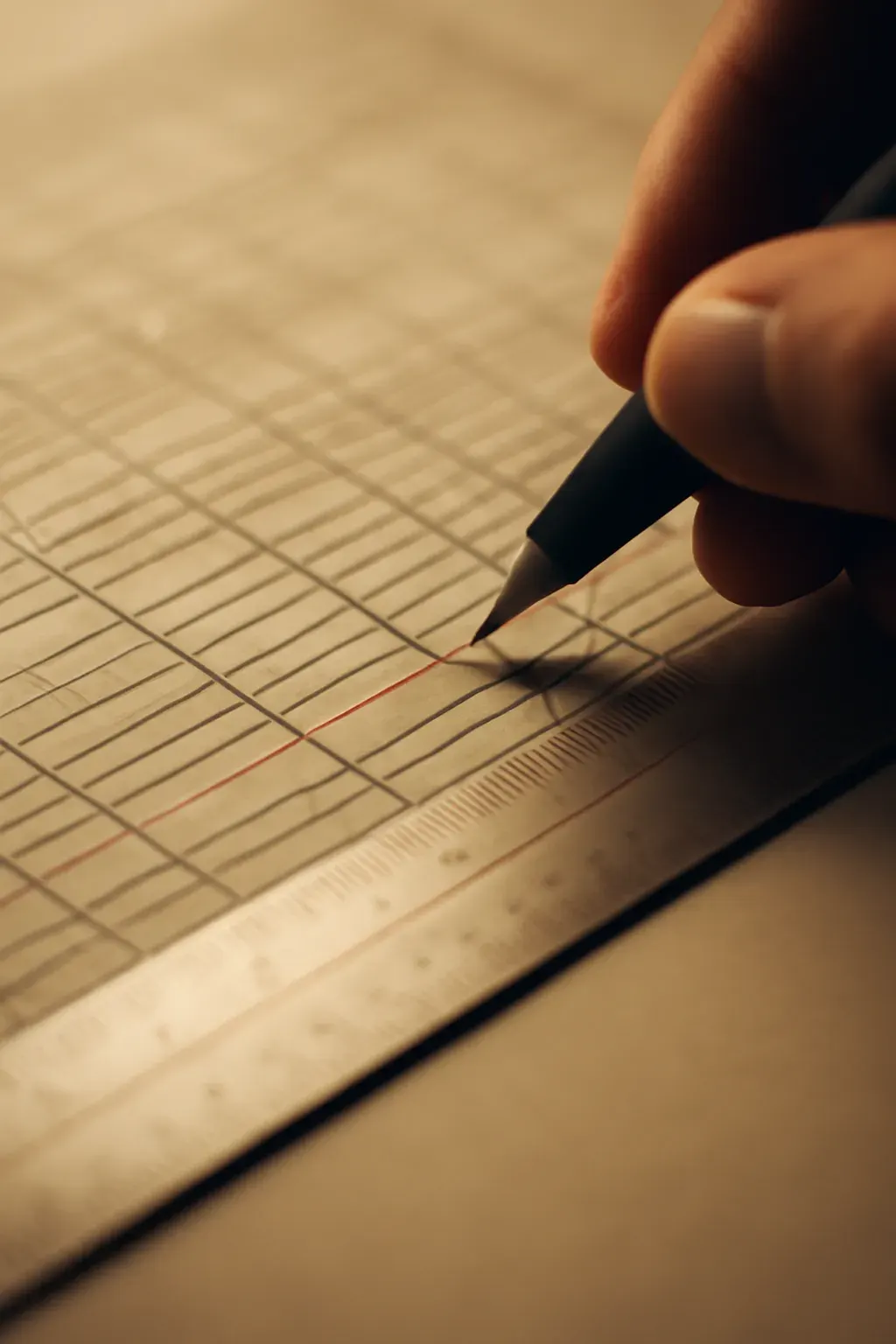 A technical spec sheet with ruler-straight annotation marks — precision as the visible method.