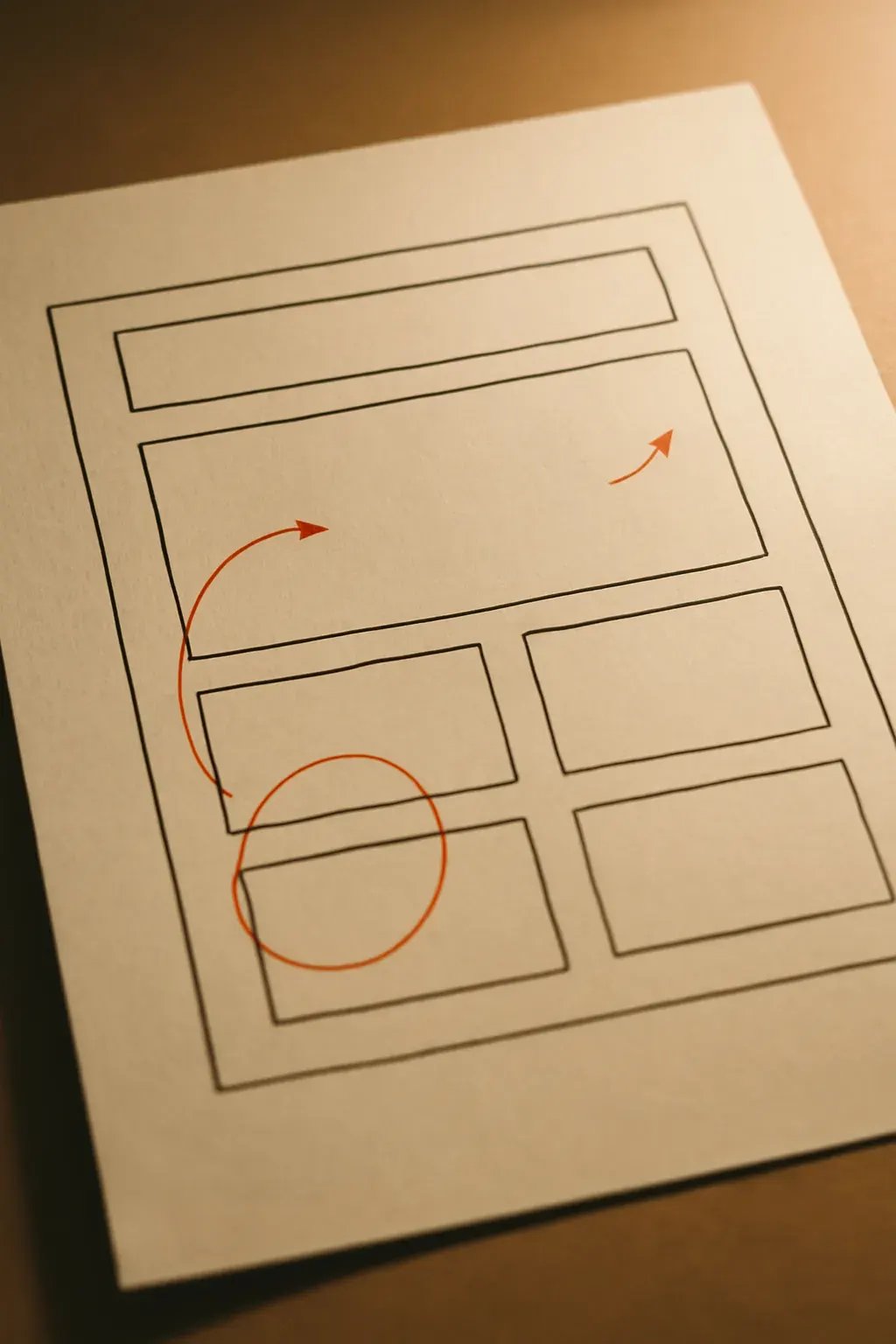 A printed page layout mid-edit — annotations over a wireframe, not a laptop on a white desk.